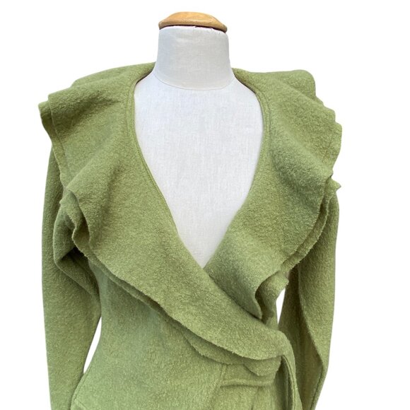 Elena Solano Boiled Wool Ruffle Wrap Jacket Green Cottagecore Artsy Lagenlook-L - Picture 3 of 14